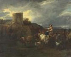 Italienische Landschaft Mit Hirten. by Nicolaes Berchem