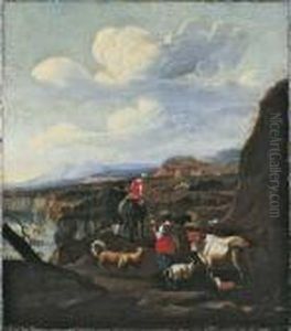Sudliche Landschaft Mit Figuren Und Weidendem Vieh. by Nicolaes Berchem