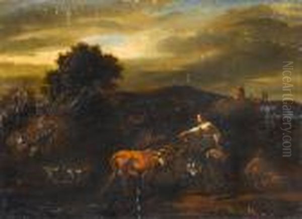 An Italianate Landcape With A Cowherd And Milkmaid Watering Their Livestock - view 1