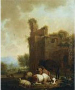 A Shepherd And A Shepherdess 
Milking A Cow Together With Their Sheep In An Italianate Landscape