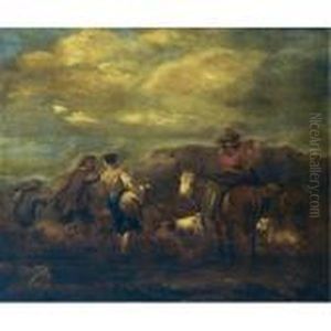 Shepherds With Their Herd In An Italianate Landscape, One Shepherd Playing The Flute by Nicolaes Berchem