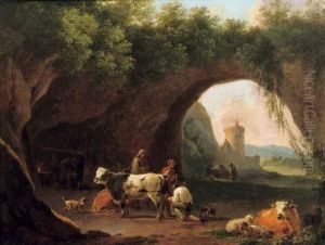 Peasants With Their Cattle And Sheep By The Entrance To A Grotto by Nicolaes Berchem