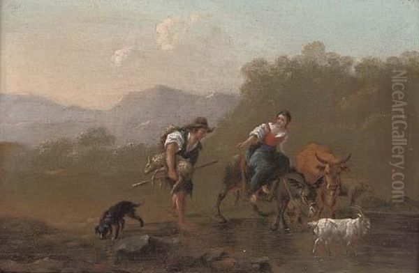 A Drover And A Shepherdess 
Fording A River; And A River Landscape With A Drover And His Family At 
Rest On A Bank - view 1