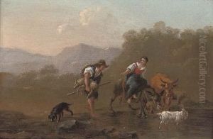 A Drover And A Shepherdess
Fording A River; And A River Landscape With A Drover And His Family At
Rest On A Bank by Nicolaes Berchem