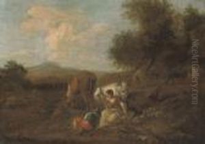 A Wooded Landscape With Figures And Cattle At Rest, A Ploughman Beyond by Nicolaes Berchem