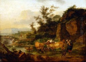 Horned Cattle And Figures, Watering By A Stream