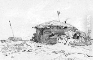 A cottage by a beach, a boat in the distance by Paul Huet