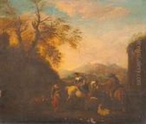An Italianate Landscape With Peasants And Livestock by Nicolaes Berchem