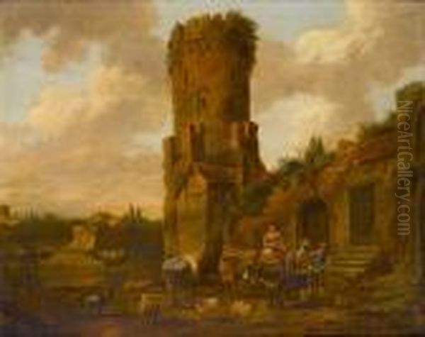 Drovers Taking Refreshment With Cattle, Sheep And Goats Before A Tower - view 1
