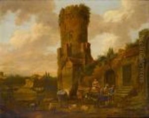 Drovers Taking Refreshment With Cattle, Sheep And Goats Before A Tower by Nicolaes Berchem