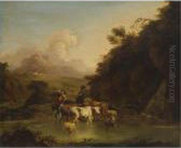 A Drover Passing Through A Stream With His Cattle Accompanied By A Peasant Woman - view 1