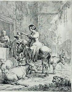 The Halt At The Inn- Etching Trimmed To Plate Line. 10 3/8 X 8'' by Nicolaes Berchem