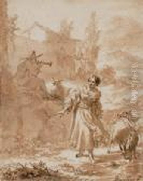 Une Bergere Avec Son Troupeau, Un Homme Jouant De La Flute Sur Un Rocher - view 1