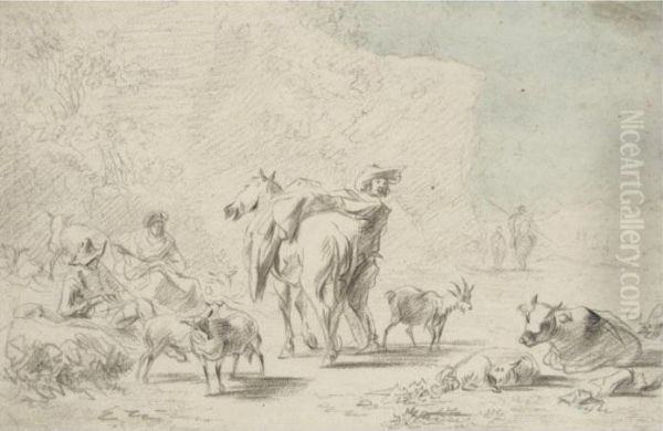 Three Herdsmen Resting In A Landscape With Their Animals - view 1