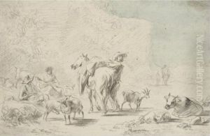 Three Herdsmen Resting In A Landscape With Their Animals by Nicolaes Berchem