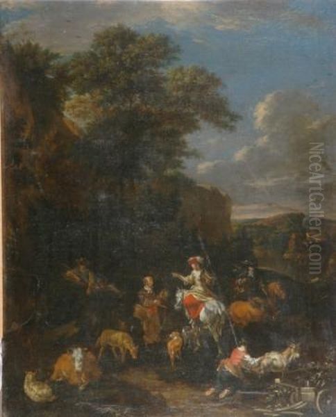 An Elegant Lady Asking Directions Of A Woodsman On A Mountain Road - view 1