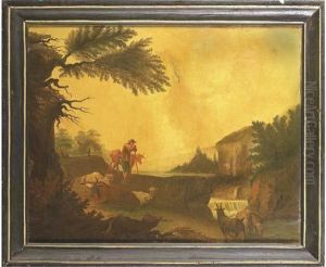 Un Berger Gardant Son Troupeau Au Bord D'une Cascade by Nicolaes Berchem