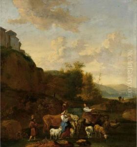 Shepherdesses And Their Flock In An Italianate Landscape by Nicolaes Berchem
