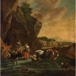 A Shepherd And Shepherdess With Their Herd In An Italianate Landscape by Nicolaes Berchem