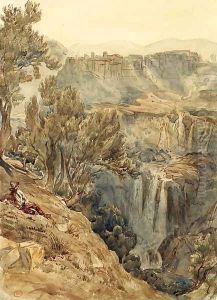 A view of Tivoli with an Italian peasant resting near a cliff by Paul Huet