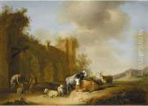 Goats Cows And Sheep In A 
Landscape With Three Men Working At A Well 
Nearby by Nicolaes Berchem