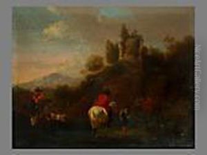 Hirten Vor Tiefer Landschaft Und Turm by Nicolaes Berchem