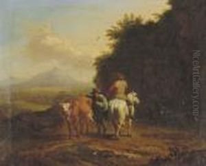 A Traveler And A Herdsman Passing On A Track