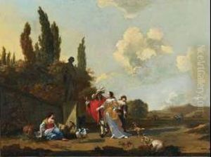 An Elegant Couple And Animals In An Estate Garden by Nicolaes Berchem