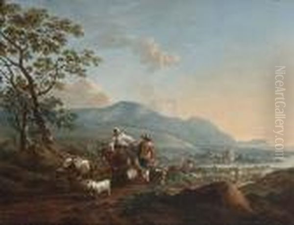 River Landscape With Shepherds 
Driving Their Herd In The Foreground - view 1