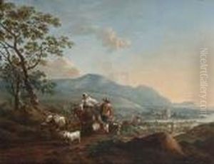 River Landscape With Shepherds 
Driving Their Herd In The Foreground by Nicolaes Berchem
