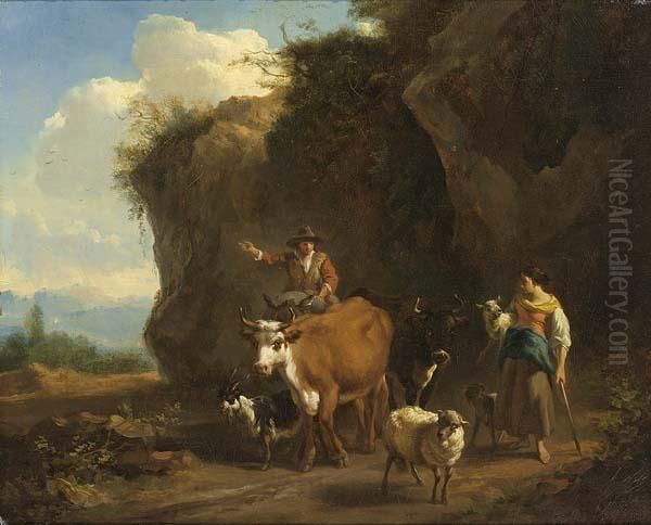 Shepherds With Their Flock In An Italian Rocky Landscape - view 1
