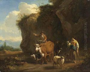 Shepherds With Their Flock In An Italian Rocky Landscape by Nicolaes Berchem