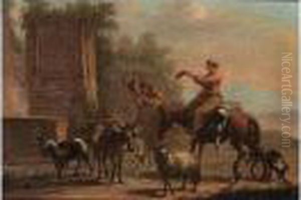 Shepherds With Their Herd Near A Fountain - view 1