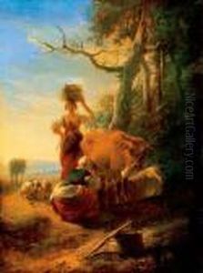 Woman Milking Cows In Landscape by Nicolaes Berchem