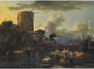 An Evening Landscape With Drovers And Their Animals By A River An Evening Landscape With Drovers And Their Animals By A River