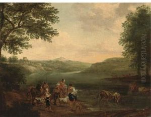An Italianate Landscape With Peasants And Their Cattle Fording Ariver