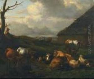 Drover With Sheep And Cattle Resting Outside A Cottage Drover With Sheep And Cattle Resting Outside A Cottage