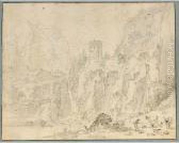 A Mountainous Landscape With A 
Bridge And A Tower On The Hill, A Herdsman And His Cattle In The 
Foreground - view 1