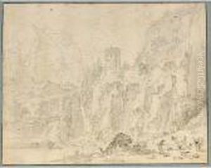 A Mountainous Landscape With A 
Bridge And A Tower On The Hill, A Herdsman And His Cattle In The 
Foreground