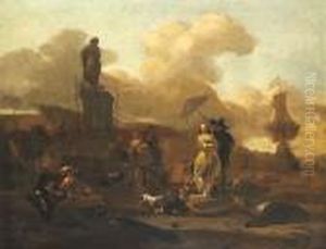A Harbor Scene With An Elegant Lady On The Shore by Nicolaes Berchem