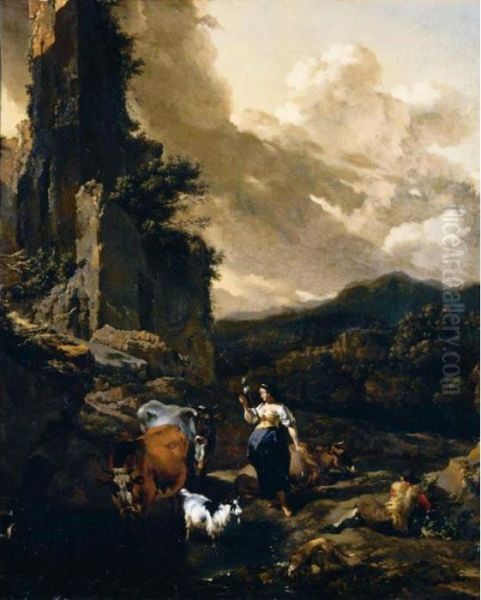 An Italianate Landscape With
Animals, A Shepherd And A Peasant Woman Holding A Distaff By Ruins - view 1