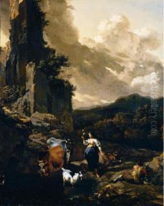 An Italianate Landscape With 
Animals, A Shepherd And A Peasant Woman Holding A Distaff By Ruins by Nicolaes Berchem