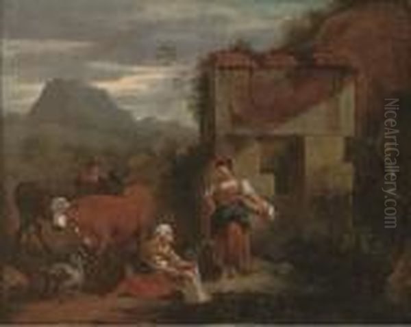 Peasants With Cattle, A Mountainous Landscape Beyond - view 1