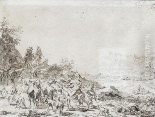 Herdsmen Driving Their Cattle Through A Landscape - view 1