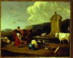 Washer Woman And Livestock At A Fountain by Nicolaes Berchem