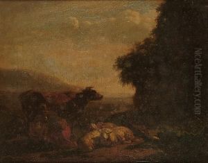 A Woman Milking A Cow With Sheep And Goats Beside Her by Nicolaes Berchem