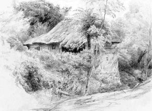 A thatched cottage in Picardy by Paul Huet