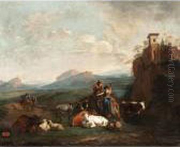 Extensive Italianate Landscape With Drovers And Their Animals Beside A Stream - view 1