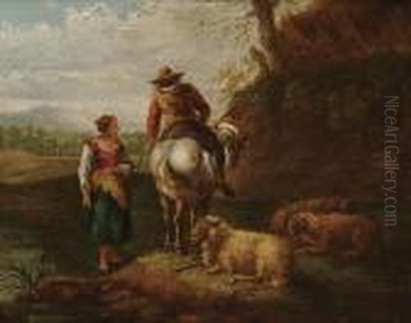 A Shepherd And Shepherdess With
Their Flock In A Landscape; A Drover Resting Beside A Stream - view 1