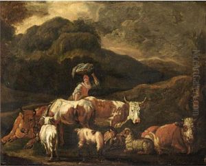 A Mountainous Landscape With A Shepherdess Tending Her Herd by Nicolaes Berchem